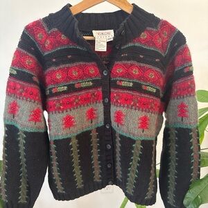 Talbots Black, Red & Gray Fair Isle Wool-Blend Cardigan - Vintage 90s
